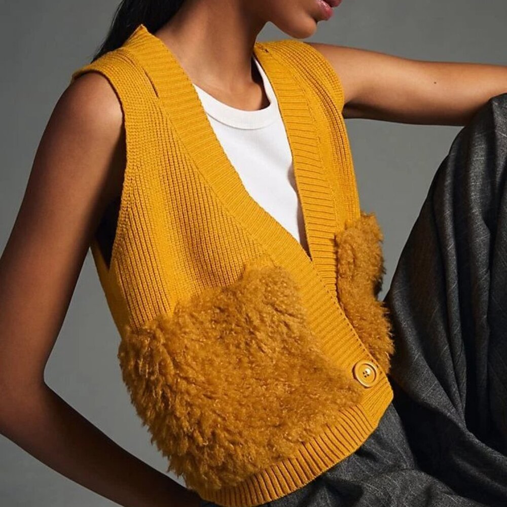 NWOT Anthropologie Maeve Sweater Vest Fur Pocket Mustard Yellow Size OS